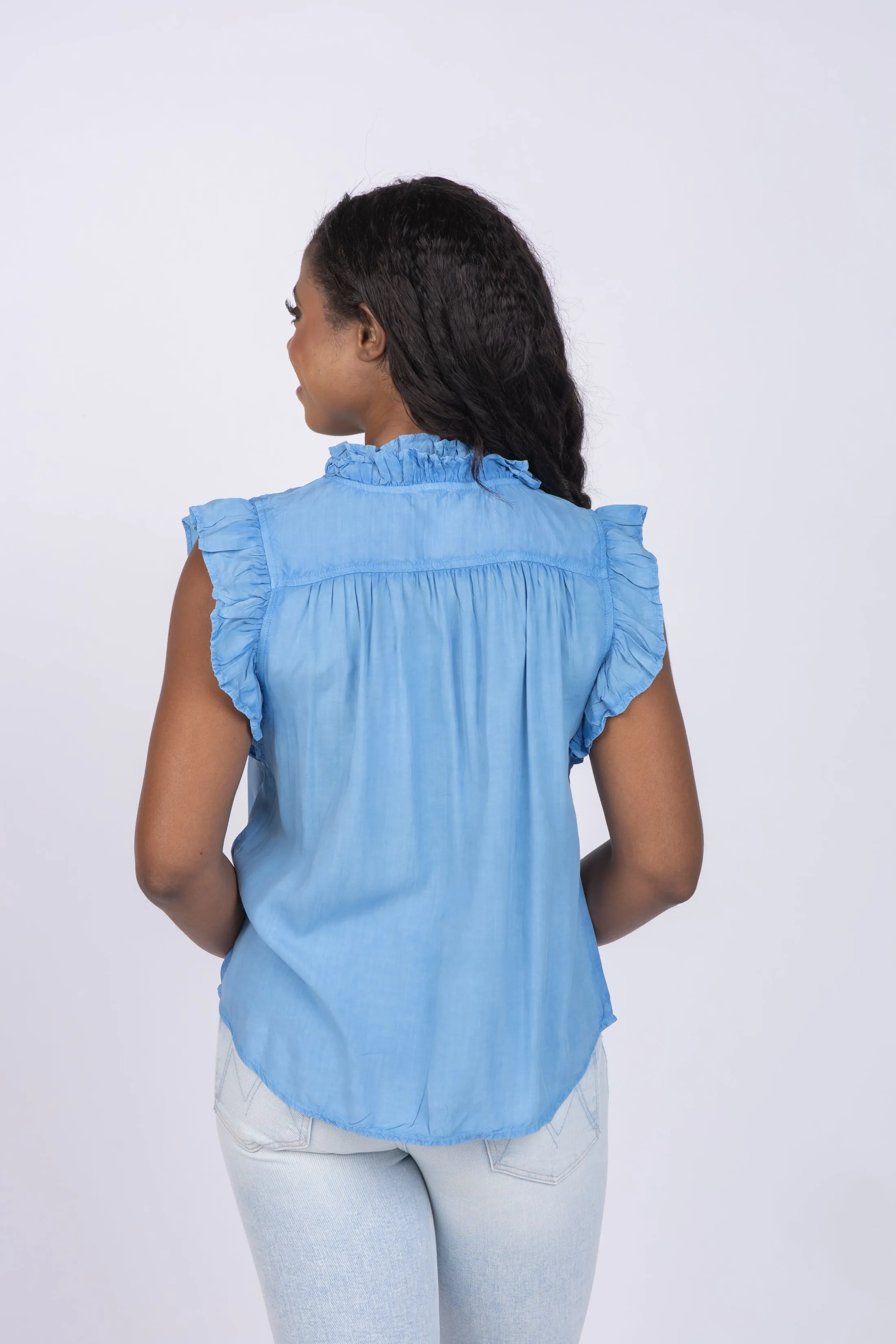 Dylan Ruffle Sleeve Top in Vista Blue