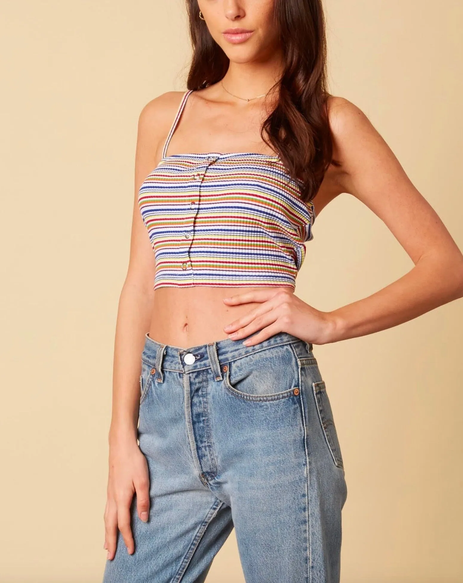 Final Sale - Cotton Candy LA - Baby Girl Ribbed Stripe Knit Crop Top - White/Multi