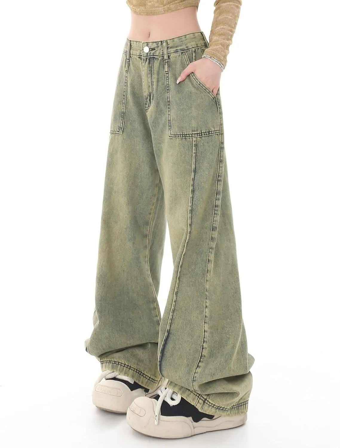 FZVYD Cute Jeans for Women Star Patchwork Pants High Waisted Straight Leg Baggy Jean Casual Baggy 2024 Trendy Streetwear