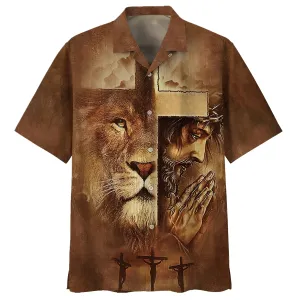 Lion Jesus Pray Cross Hawaiian Shirt - Best Hawaiian Shirts - Christian Hawaiian Shirt