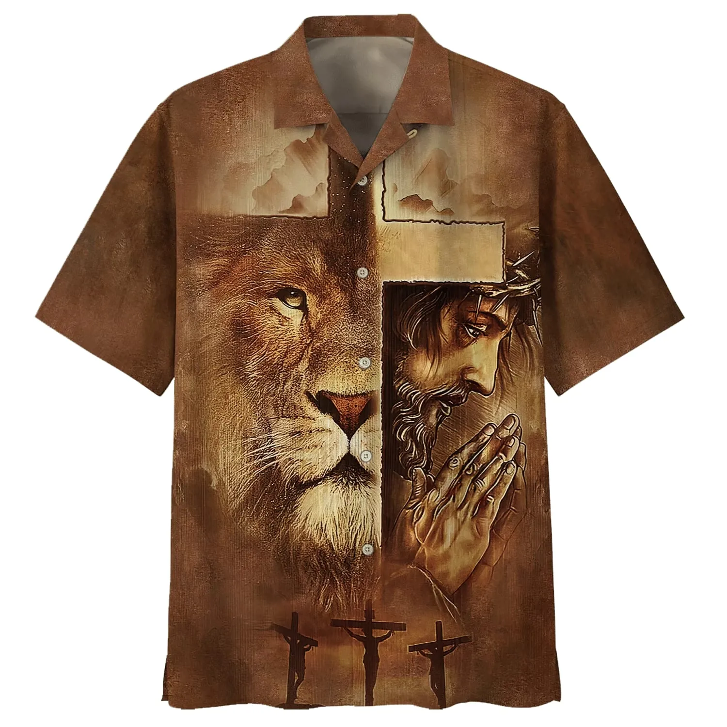 Lion Jesus Pray Cross Hawaiian Shirt - Best Hawaiian Shirts - Christian Hawaiian Shirt