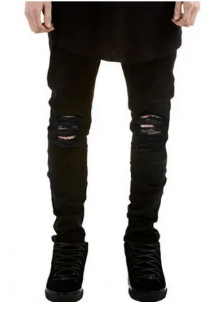Men's Black Denim Jeans  Skinny Frayed Knee
