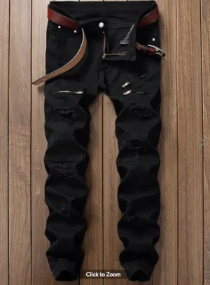 Mens Jeans  Black Jogger Style Jeans  Distressed with Zipper detail