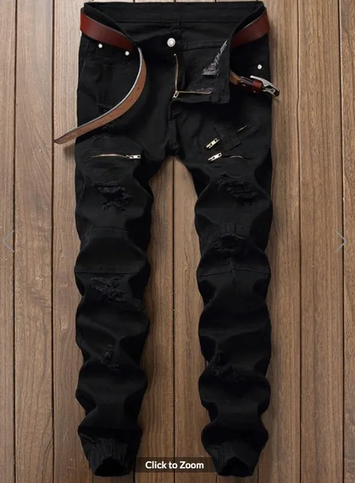 Mens Jeans  Black Jogger Style Jeans  Distressed with Zipper detail