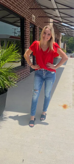 Mid Rise Ankle Skinny W/ Button up