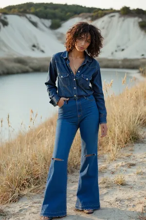 Rich Blue Knee Distressed Bootcut Jeans