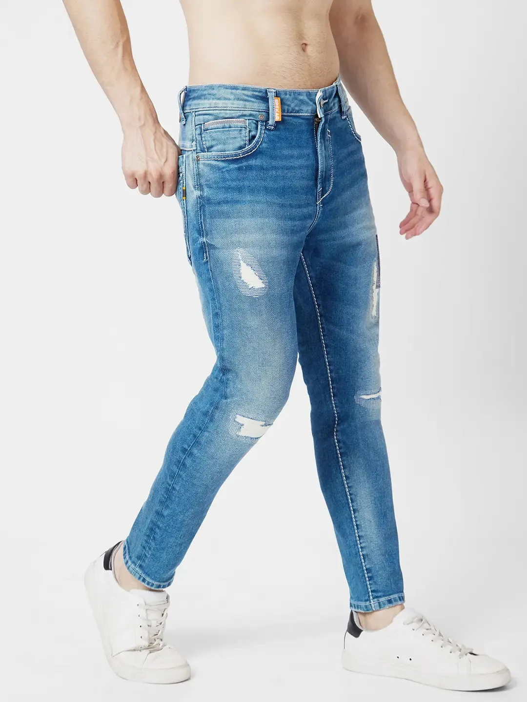 Spykar Men Vintage Blue Cotton Slim Fit Tapered Length Mild Distressed Mid Rise Jeans (Kano)