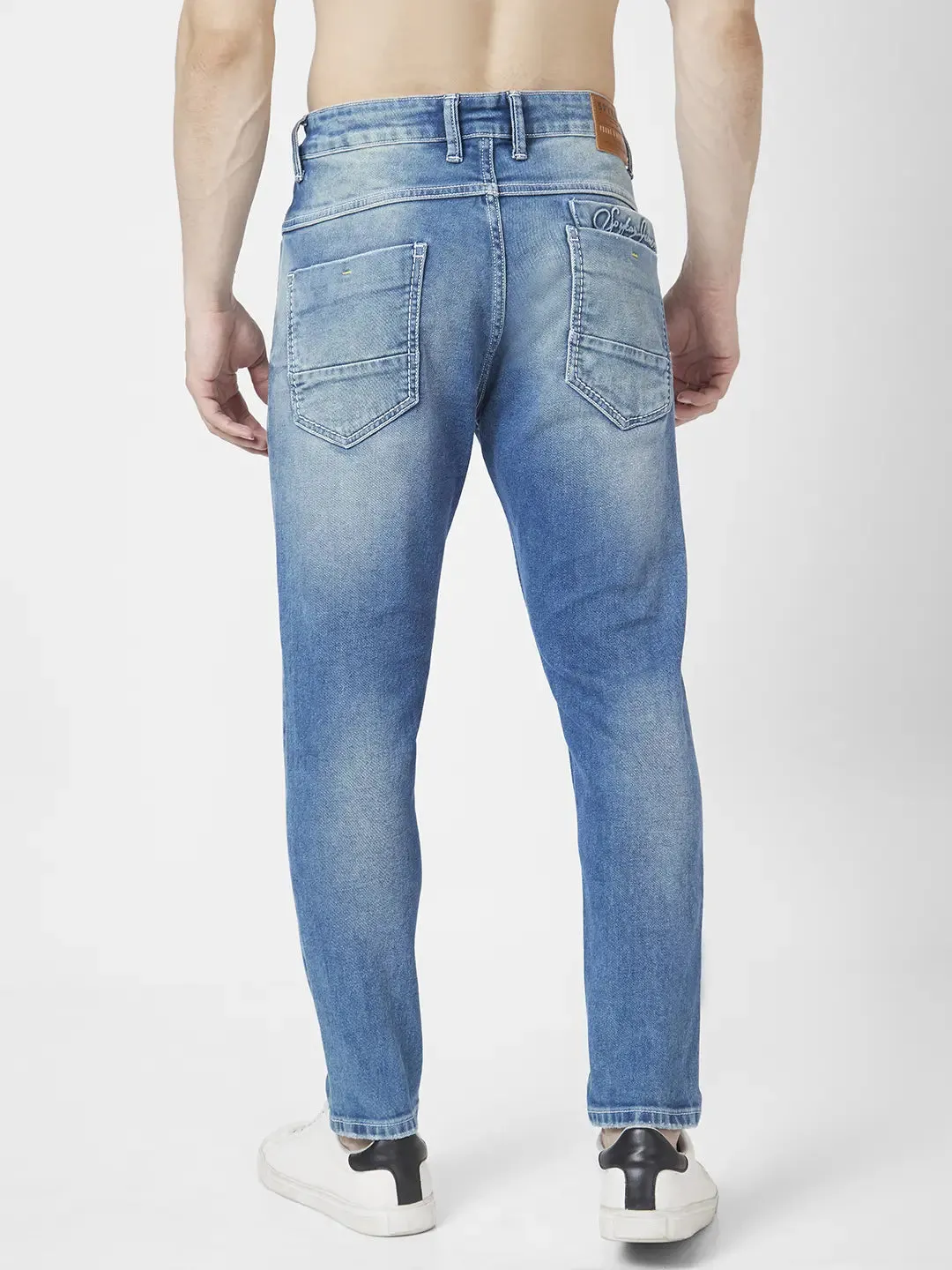 Spykar Men Vintage Blue Cotton Slim Fit Tapered Length Mild Distressed Mid Rise Jeans (Kano)