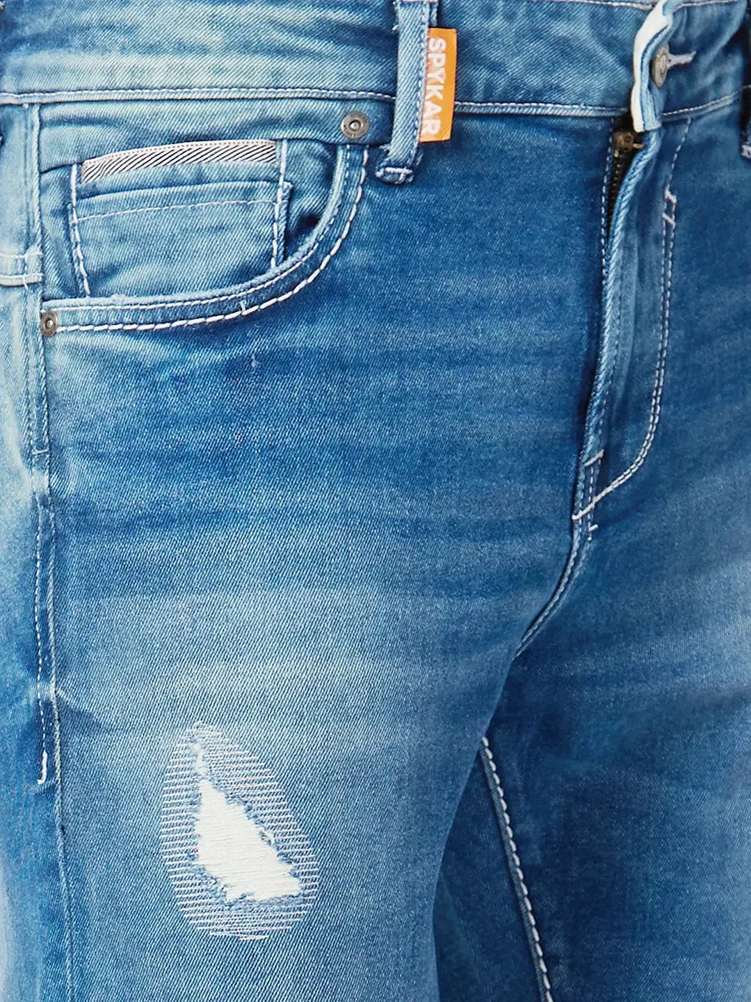 Spykar Men Vintage Blue Cotton Slim Fit Tapered Length Mild Distressed Mid Rise Jeans (Kano)