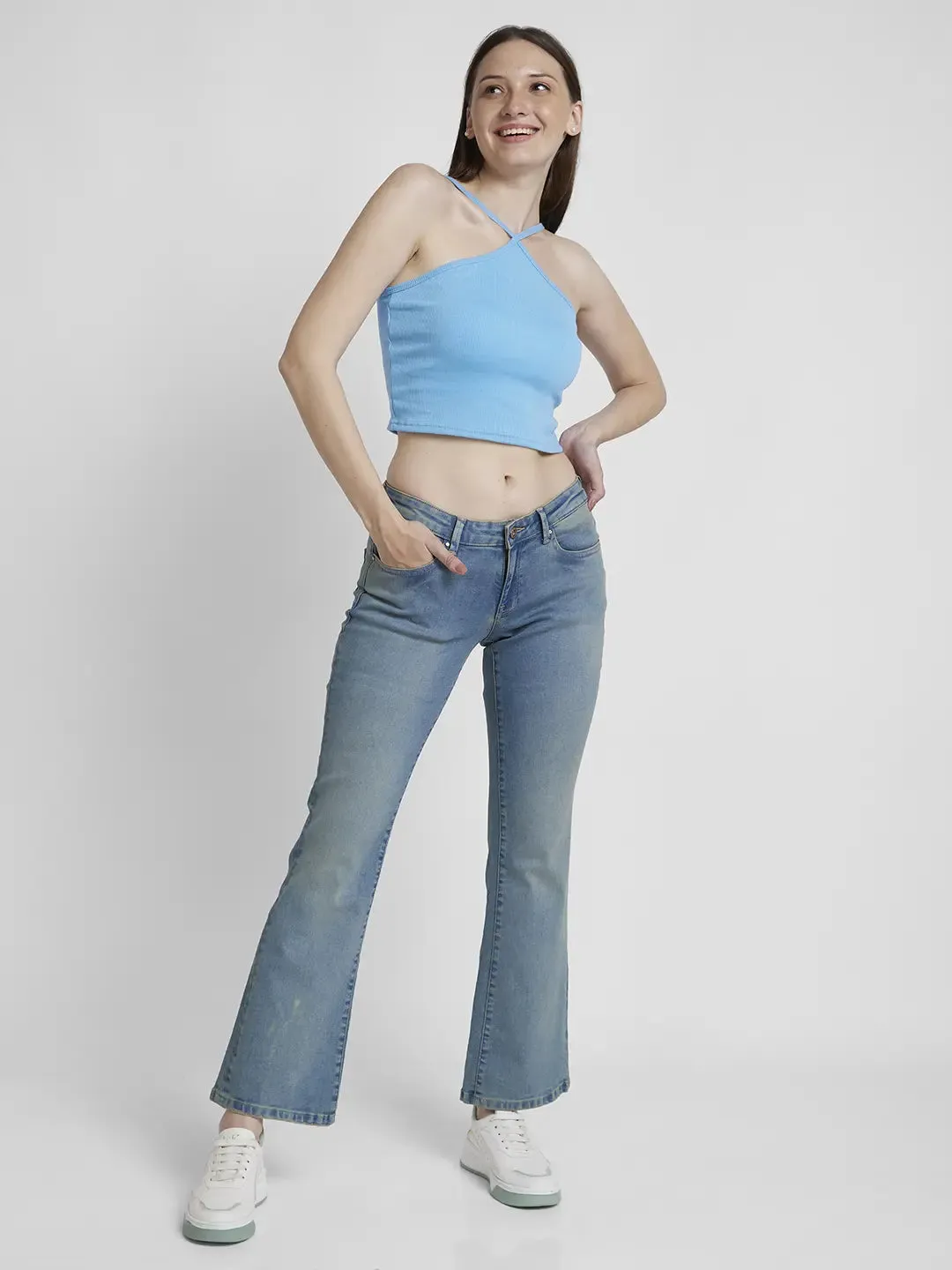 Spykar Women Dirty Blue Lycra Bootcut Fit Ankle Length Clean Look Jeans -(Elissa-Low)