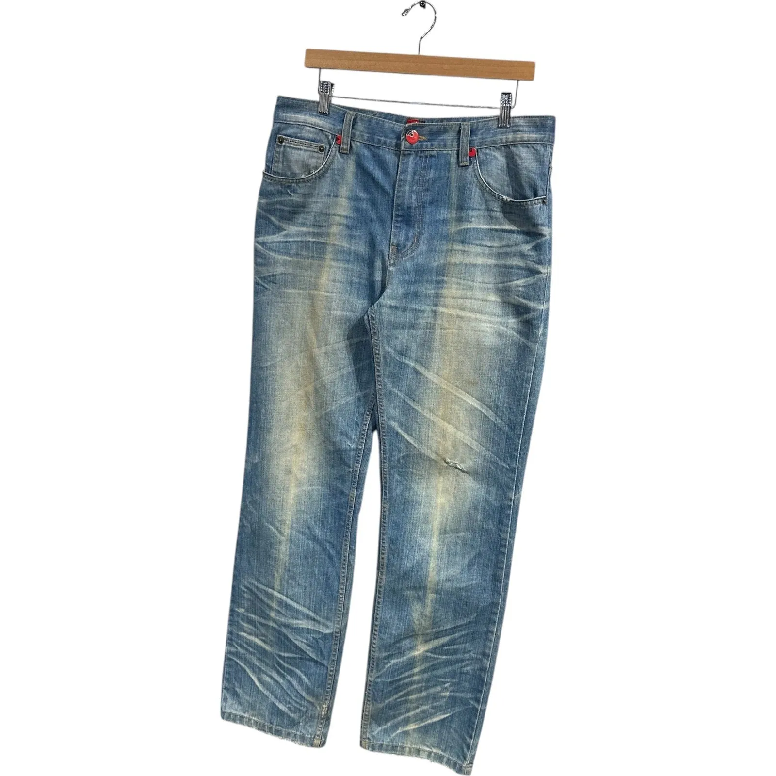 Vintage Faded Distressed Straight Leg Denim Jeans 34 x 31