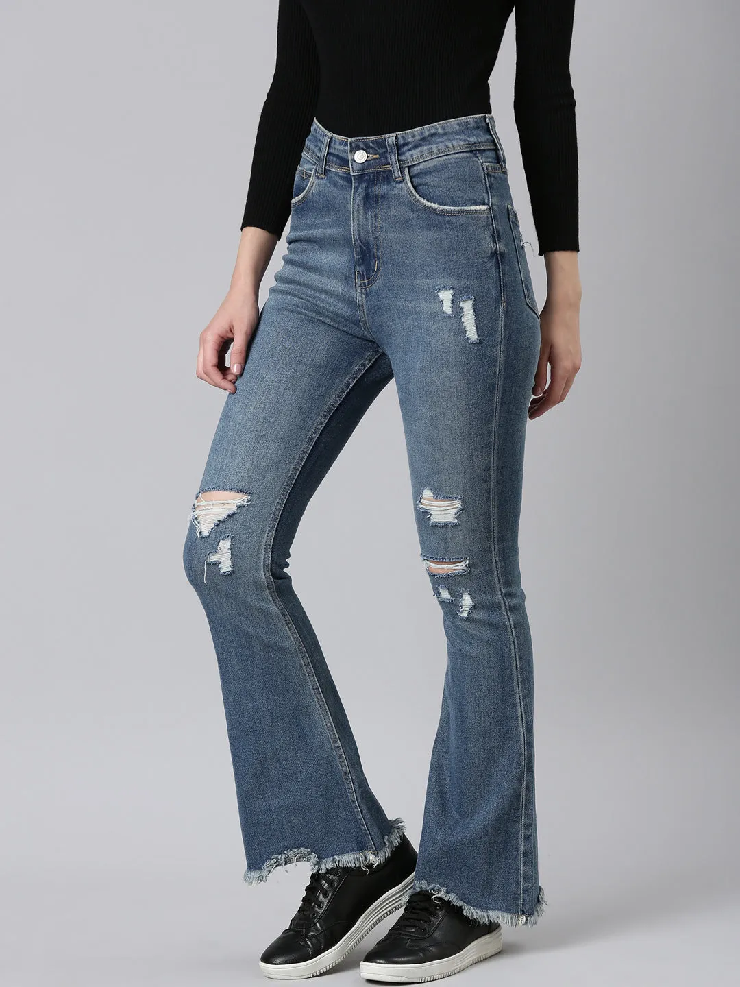 Women Blue Mid Rise Bootcut Light Fade Acid Wash Denim Jeans