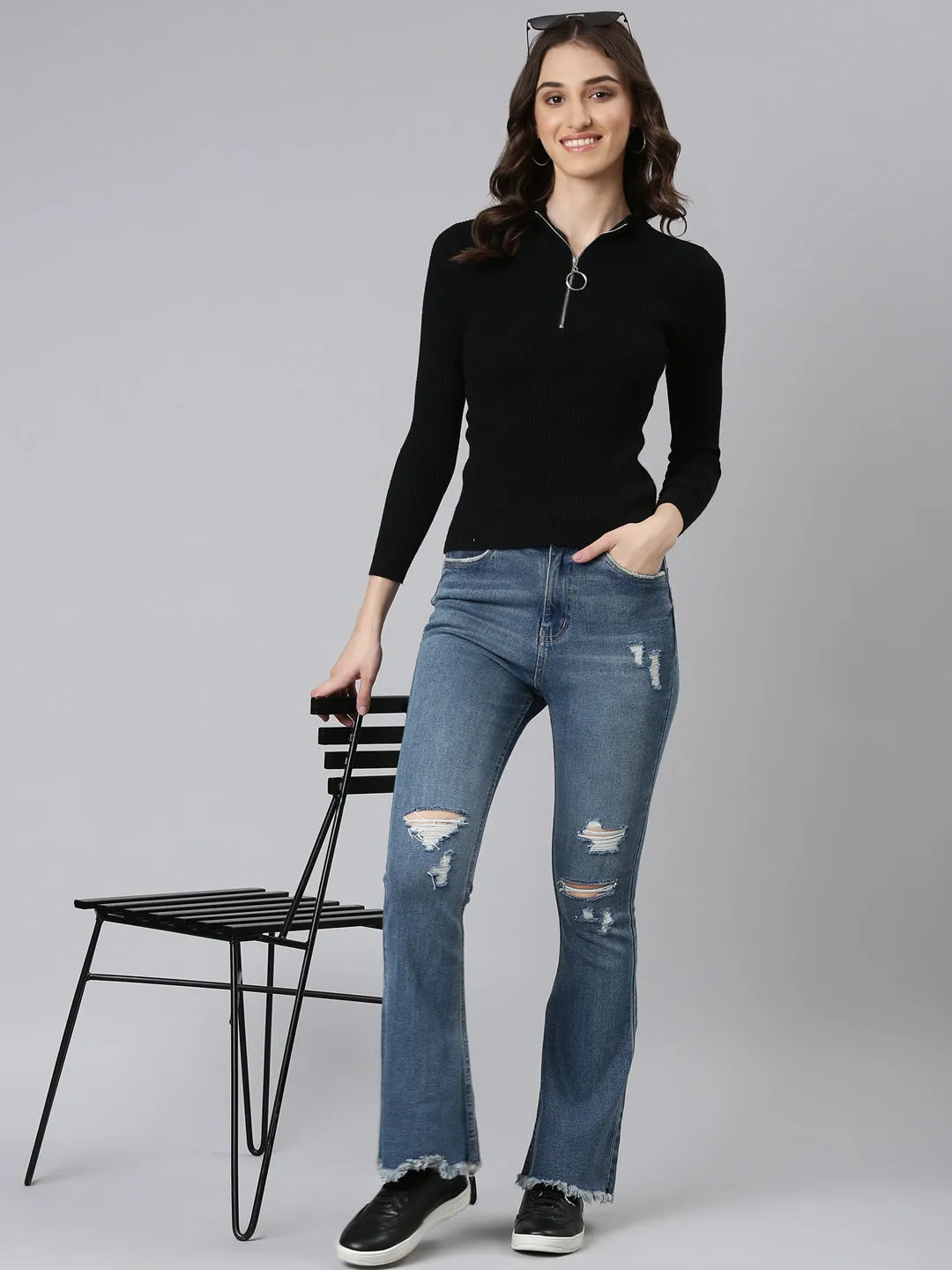 Women Blue Mid Rise Bootcut Light Fade Acid Wash Denim Jeans