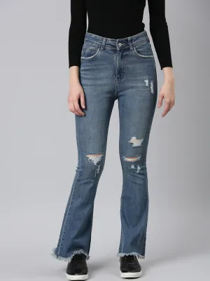 Women Blue Mid Rise Bootcut Light Fade Acid Wash Denim Jeans
