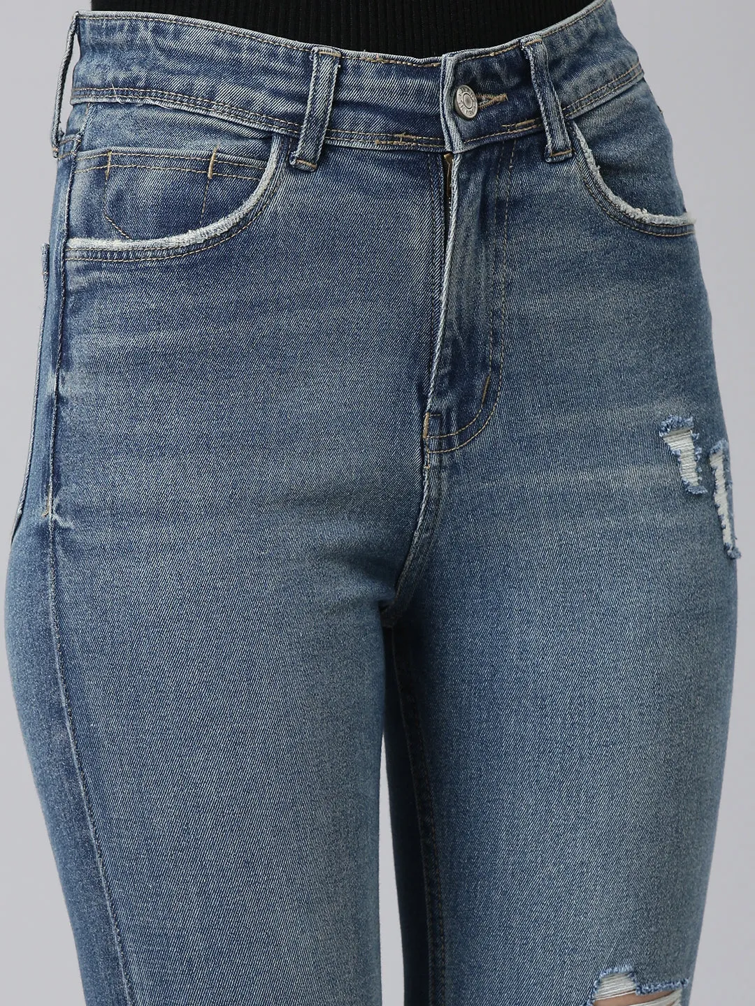 Women Blue Mid Rise Bootcut Light Fade Acid Wash Denim Jeans