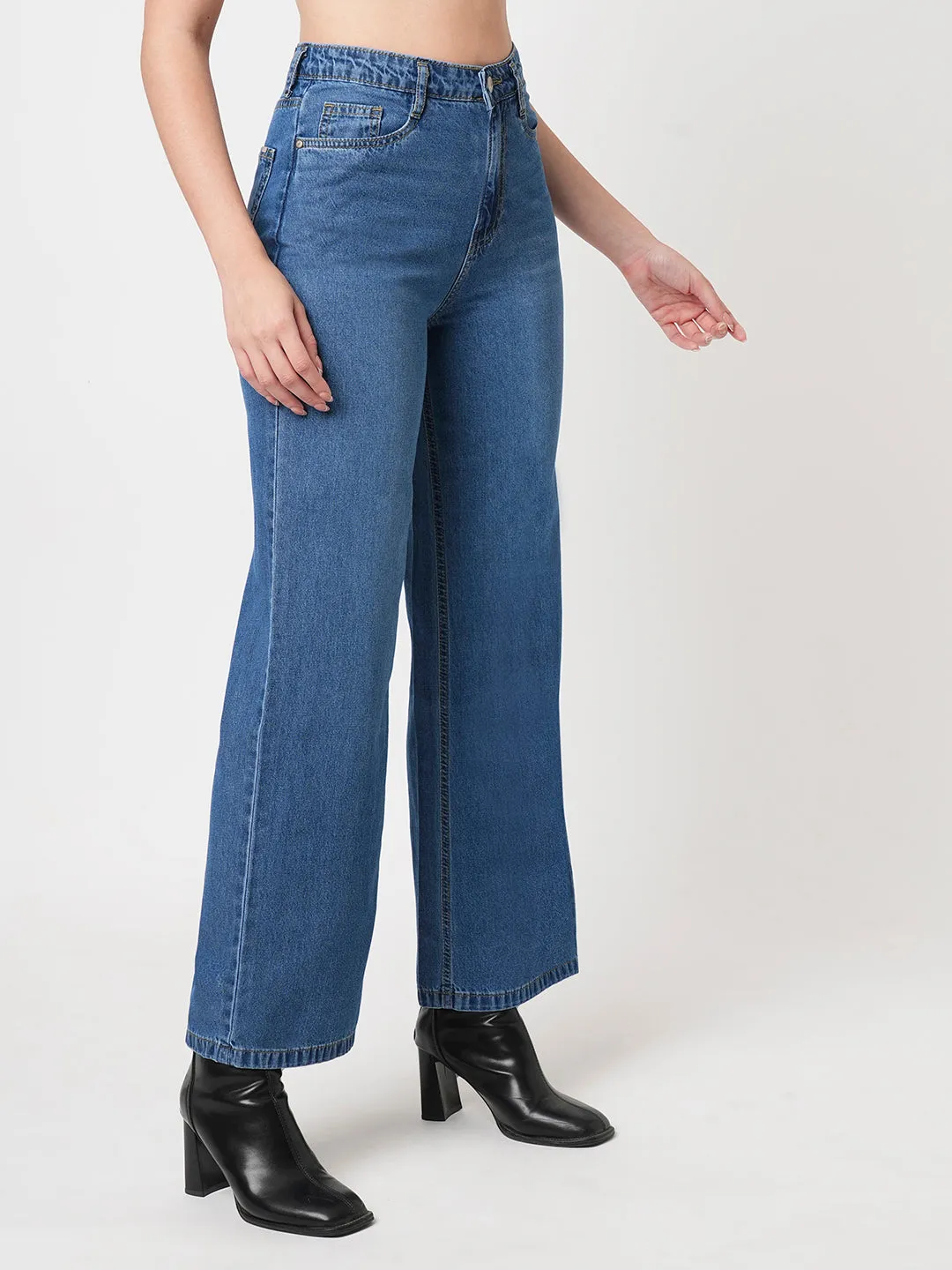 Women Dark Blue High-Rise Wide Leg Jeans