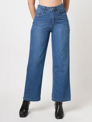 Women Dark Blue High-Rise Wide Leg Jeans