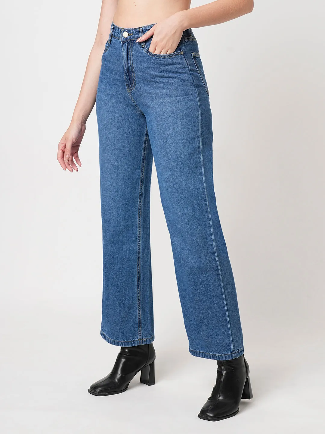 Women Dark Blue High-Rise Wide Leg Jeans
