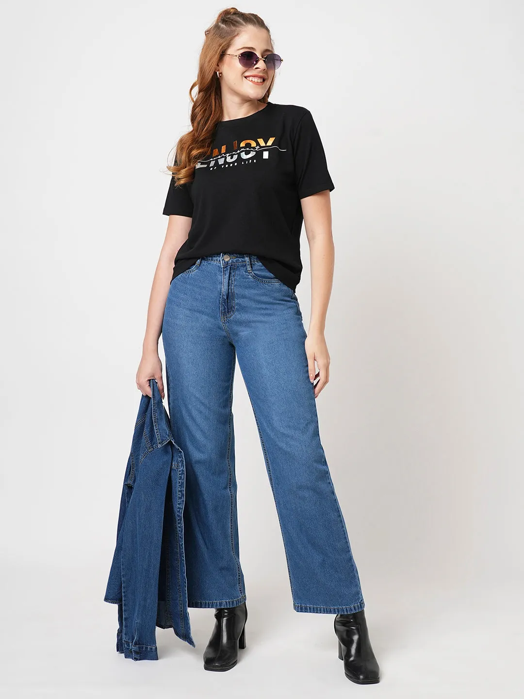 Women Dark Blue High-Rise Wide Leg Jeans