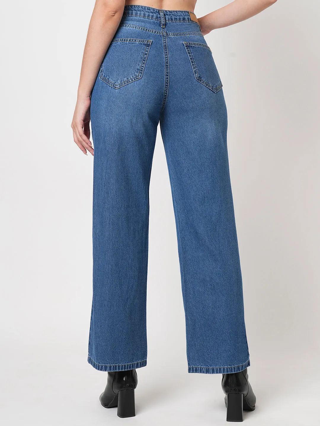 Women Dark Blue High-Rise Wide Leg Jeans