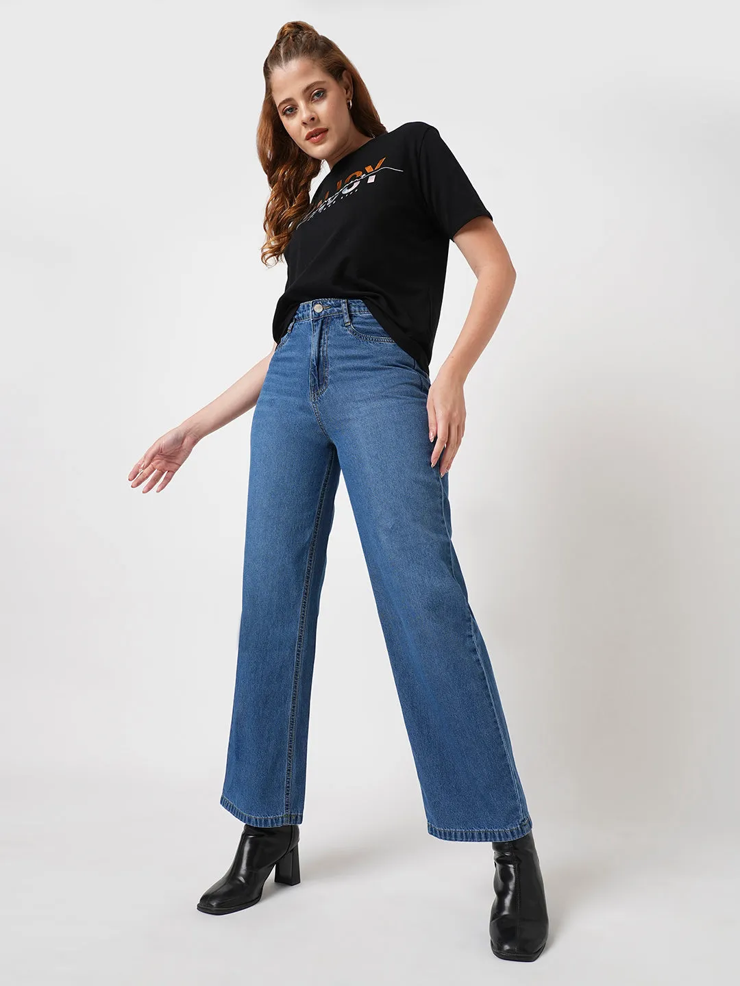 Women Dark Blue High-Rise Wide Leg Jeans
